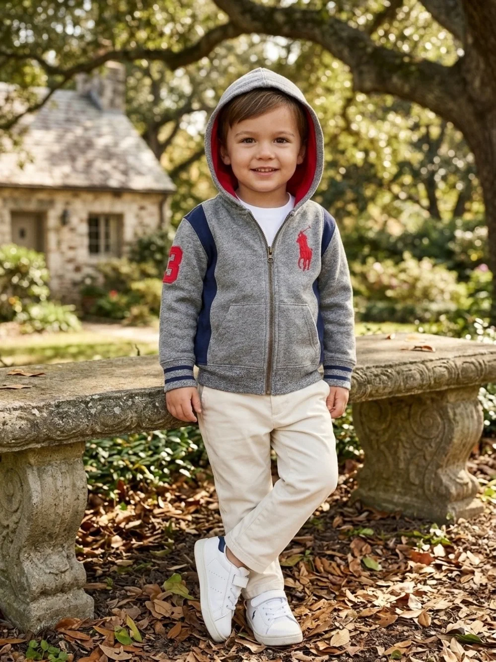 Polo Ralph Lauren Toddler Boys Big Pony number 3 Fleece Hoodie Gray Navy 2T